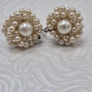 VintageElegant Pearl Cluster Screw Back Earrings